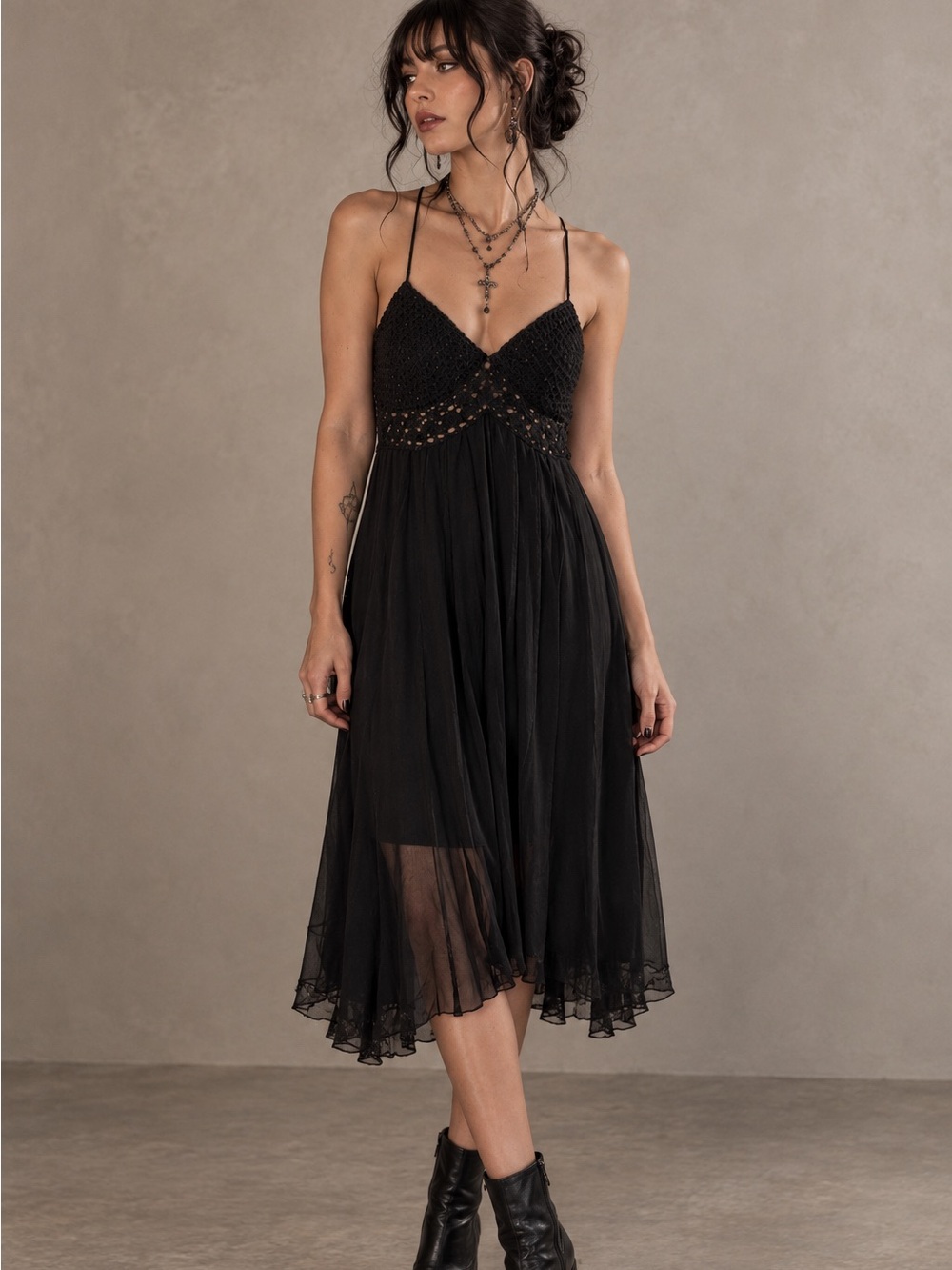 Vintage ICE Black Mesh Beaded Crochet Romantic Gothic Slip Dress Size 4